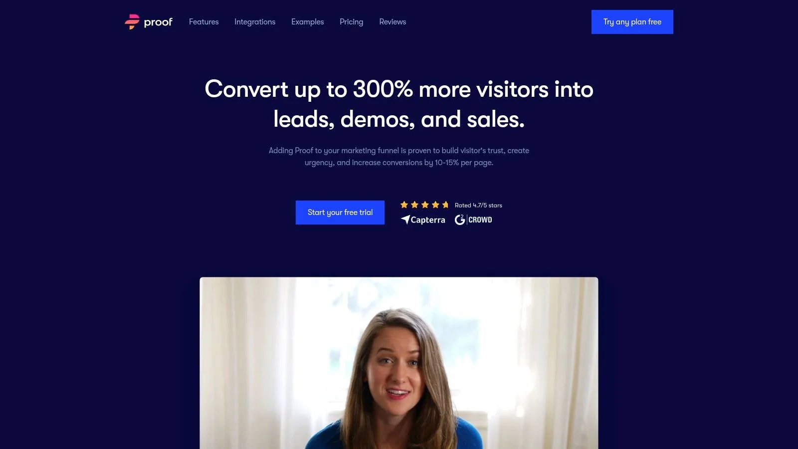 Website landing page with conversion headline and video thumbnail.